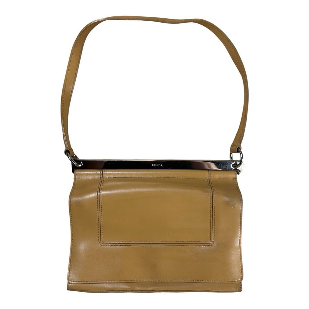 Furla Leather Shoulder Bag Camel Tan Made in Italy GUC Silver Bar Closure